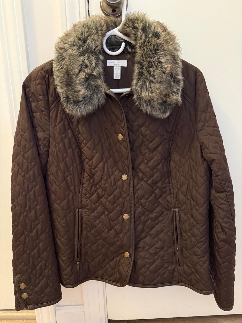 Charter Club Quilted Brown Puffer Jacket with Faux Fur Collar